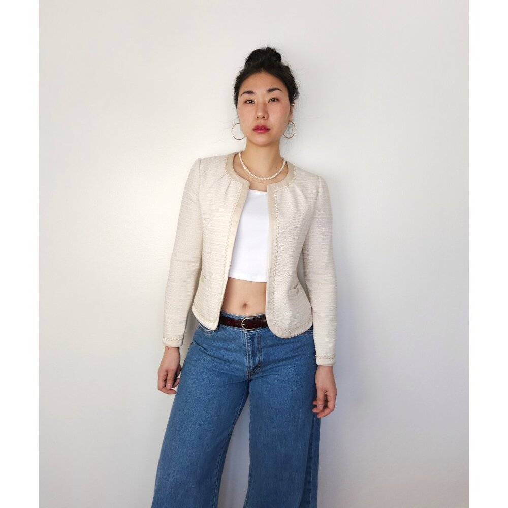 Vintage satin trim collarless tweed jacket neutral cream women S